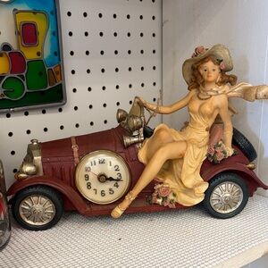 Vintage Style Red Car Clock with Elegant Lady Figurine
